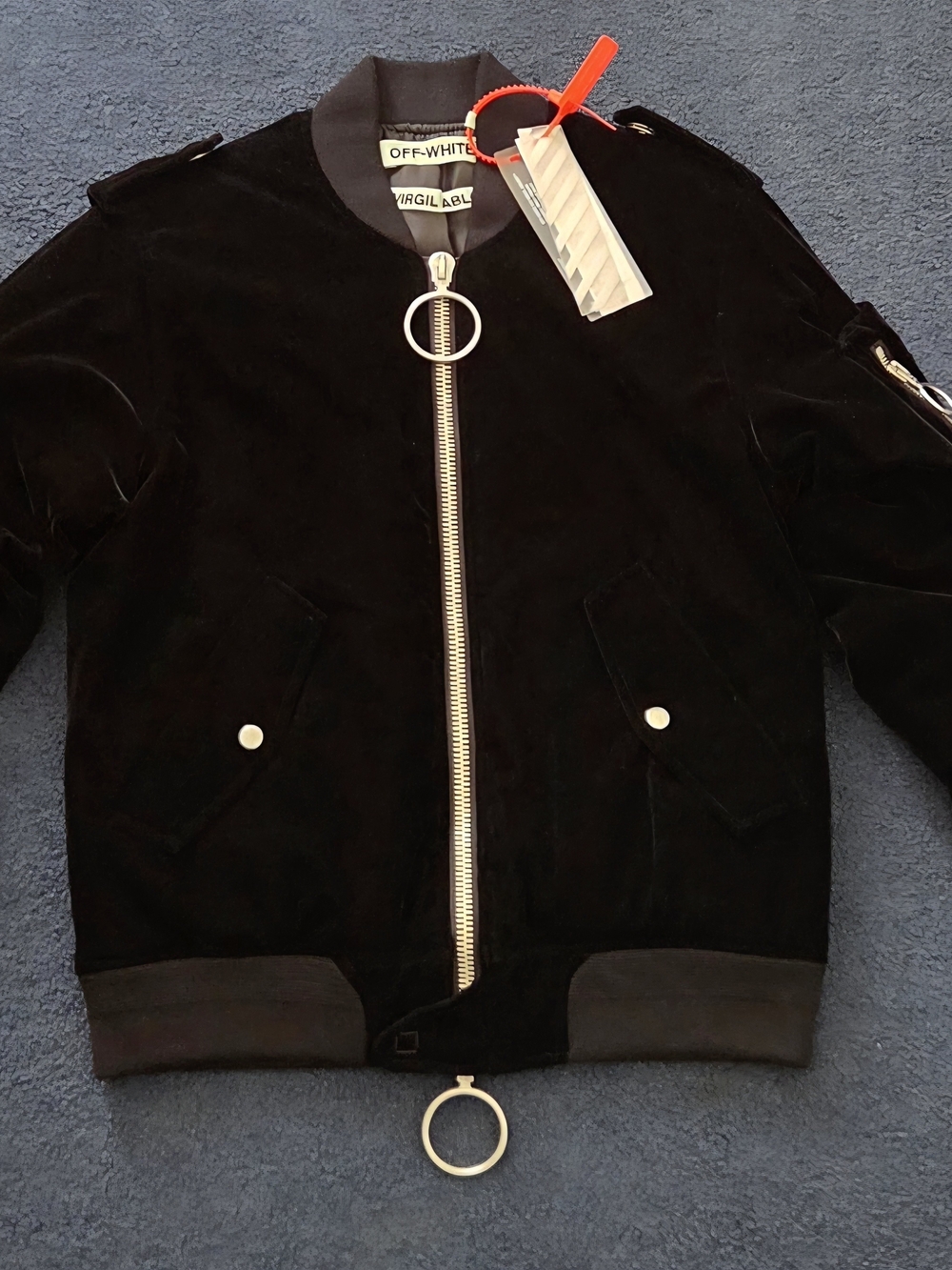 Virgil Abloh Off-White black Velvet Bomber Jacket. Size Small. With Tags